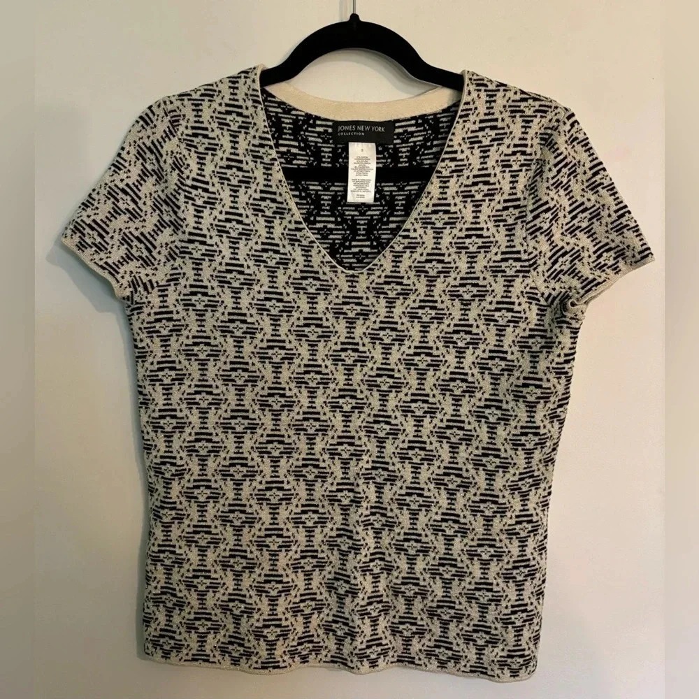 Jones New York Collection Womens Short Sleeve Black White Silver Geometric Small